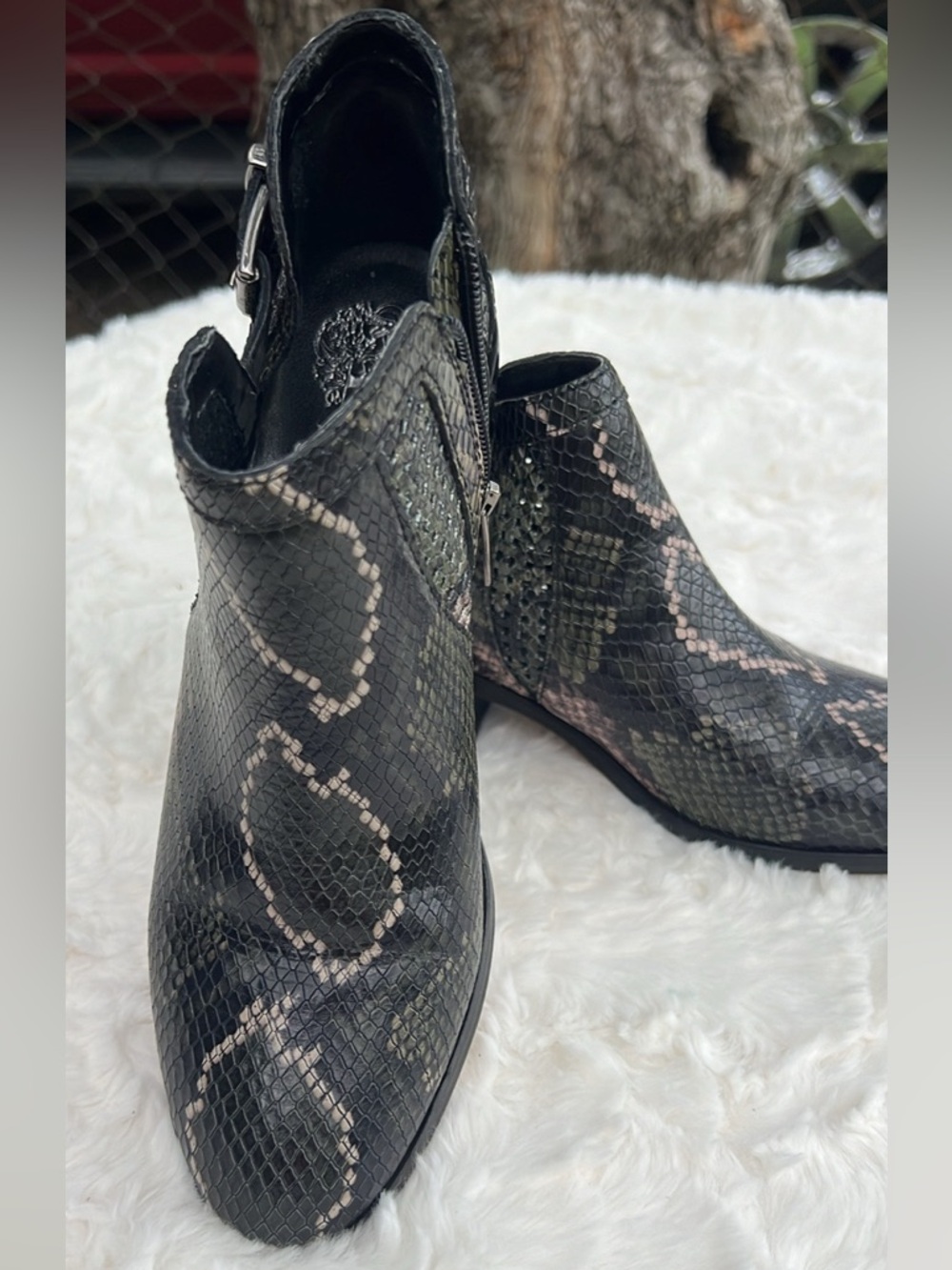 Vince Camuto Black and Olive Snake-Embossed Ankle Booties